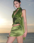 ROVENTE Satin Mesh-Drape Halter Top & Micro Mini Skirt Set - PINKPARKS
