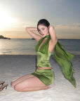 ROVENTE Satin Mesh-Drape Halter Top & Micro Mini Skirt Set - PINKPARKS