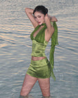ROVENTE Satin Mesh-Drape Halter Top & Micro Mini Skirt Set - PINKPARKS