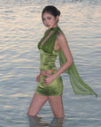 ROVENTE Satin Mesh-Drape Halter Top & Micro Mini Skirt Set - PINKPARKS