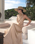 ROVENTE Draped Backless Rose Maxi Dress - PINKPARKS