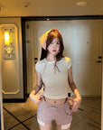 DreamyNerd Cap Sleeve Heart Embroidered Fitted Tee - PINKPARKS