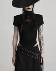 DOINDULGE Ruched Fitted Tee with Deconstructed Eye Button Detail