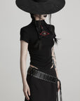 DOINDULGE Ruched Fitted Tee with Deconstructed Eye Button Detail