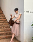 ROVENTE Asymmetric Drape Midi Skirt - PINKPARKS
