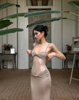ROVENTE Sculpted Lace-Panel Maxi Dress - PINKPARKS