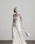 DOINDULGE Embroidered Lace Patchwork Maxi Skirt with Draped Overlay and Shell Trim