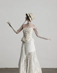 DOINDULGE Embroidered Lace Patchwork Maxi Skirt with Draped Overlay and Shell Trim