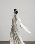 DOINDULGE Embroidered Lace Patchwork Maxi Skirt with Draped Overlay and Shell Trim