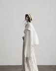 DOINDULGE Embroidered Lace Patchwork Maxi Skirt with Draped Overlay and Shell Trim