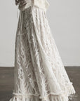 DOINDULGE Embroidered Lace Patchwork Maxi Skirt with Draped Overlay and Shell Trim