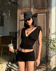 ROVENTE Gathered Tank & Mini Shorts Set in Black - PINKPARKS
