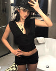 ROVENTE Gathered Tank & Mini Shorts Set in Black - PINKPARKS