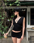 ROVENTE Gathered Tank & Mini Shorts Set in Black - PINKPARKS