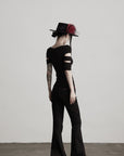 DOINDULGE Gothic Flared Pants with Red Embroidery