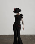 DOINDULGE Gothic Flared Pants with Red Embroidery