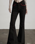 DOINDULGE Gothic Flared Pants with Red Embroidery