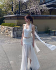 DreamyNerd Ruched Halter Top & Draped Maxi Skirt Set - PINKPARKS