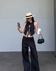 ROVENTE Backless Pinstripe Halter Vest with Front Tie in Black - PINKPARKS