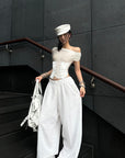 ROVENTE White Linen Wide-Leg Pants with Elastic Waist - PINKPARKS