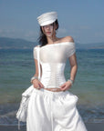 ROVENTE Off-Shoulder Corset Mesh Top in White - PINKPARKS