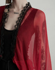DOINDULGE Crimson Sheer Drape Jacket with Lace Trim and Beaded Tassels