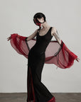 DOINDULGE Crimson Sheer Drape Jacket with Lace Trim and Beaded Tassels