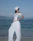 ROVENTE White Linen Wide-Leg Pants with Elastic Waist - PINKPARKS