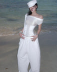ROVENTE Off-Shoulder Corset Mesh Top in White - PINKPARKS