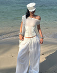 ROVENTE White Linen Wide-Leg Pants with Elastic Waist - PINKPARKS