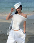 ROVENTE Off-Shoulder Corset Mesh Top in White - PINKPARKS