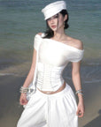 ROVENTE Off-Shoulder Corset Mesh Top in White - PINKPARKS