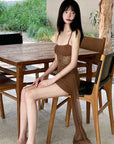 DreamyNerd Mesh Draped Lace Mini Dress with Asymmetric Overlay and Sheer Bodice - PINKPARKS
