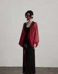 DOINDULGE Crimson Sheer Drape Jacket with Lace Trim and Beaded Tassels
