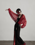 DOINDULGE Crimson Sheer Drape Jacket with Lace Trim and Beaded Tassels