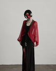 DOINDULGE Crimson Sheer Drape Jacket with Lace Trim and Beaded Tassels