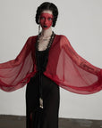 DOINDULGE Crimson Sheer Drape Jacket with Lace Trim and Beaded Tassels