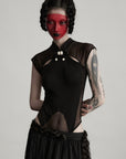 DOINDULGE Sculpted Mesh Bodysuit with Mandarin Collar and Cutout Panels