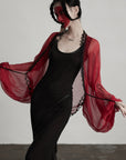 DOINDULGE Crimson Sheer Drape Jacket with Lace Trim and Beaded Tassels