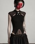 DOINDULGE Sculpted Mesh Bodysuit with Mandarin Collar and Cutout Panels