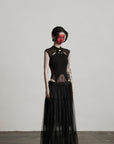 DOINDULGE Sculpted Mesh Bodysuit with Mandarin Collar and Cutout Panels