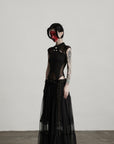 DOINDULGE Sculpted Mesh Bodysuit with Mandarin Collar and Cutout Panels