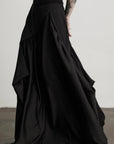 缺细节 DOINDULGE Draped Panel Asymmetrical Maxi Skirt in Black Satin