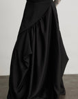 缺细节 DOINDULGE Draped Panel Asymmetrical Maxi Skirt in Black Satin