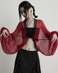 DOINDULGE Crimson Sheer Drape Jacket with Lace Trim and Beaded Tassels