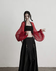 DOINDULGE Crimson Sheer Drape Jacket with Lace Trim and Beaded Tassels