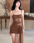 DreamyNerd Mesh Draped Lace Mini Dress with Asymmetric Overlay and Sheer Bodice - PINKPARKS