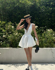 ROVENTE Deep V Halter Mini Dress with Flared Skirt - PINKPARKS
