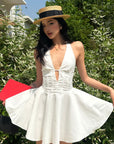 ROVENTE Deep V Halter Mini Dress with Flared Skirt - PINKPARKS