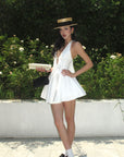 ROVENTE Deep V Halter Mini Dress with Flared Skirt - PINKPARKS